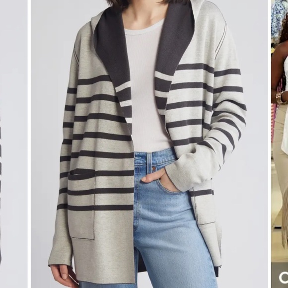 New! Splendid Sydney Cashblend Black/Gray Stripe Reversible Cardigan Sz Large - Picture 4 of 15
